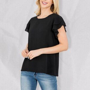 You & Me Top Layered Ruffle Short Sleeve Stretchable Round Neckline Black W XL